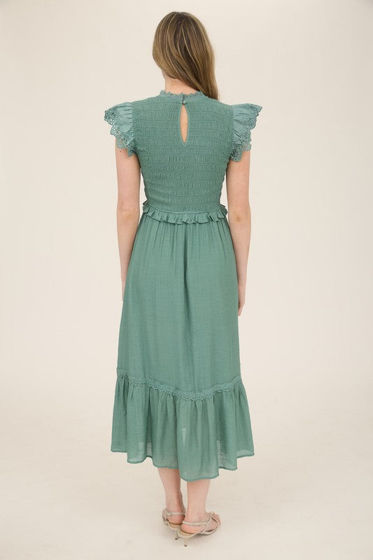 Moss Green Eyelet Midi Dress - shopminnoe