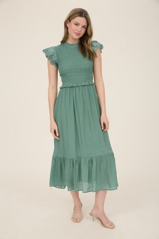Moss Green Eyelet Midi Dress - shopminnoe