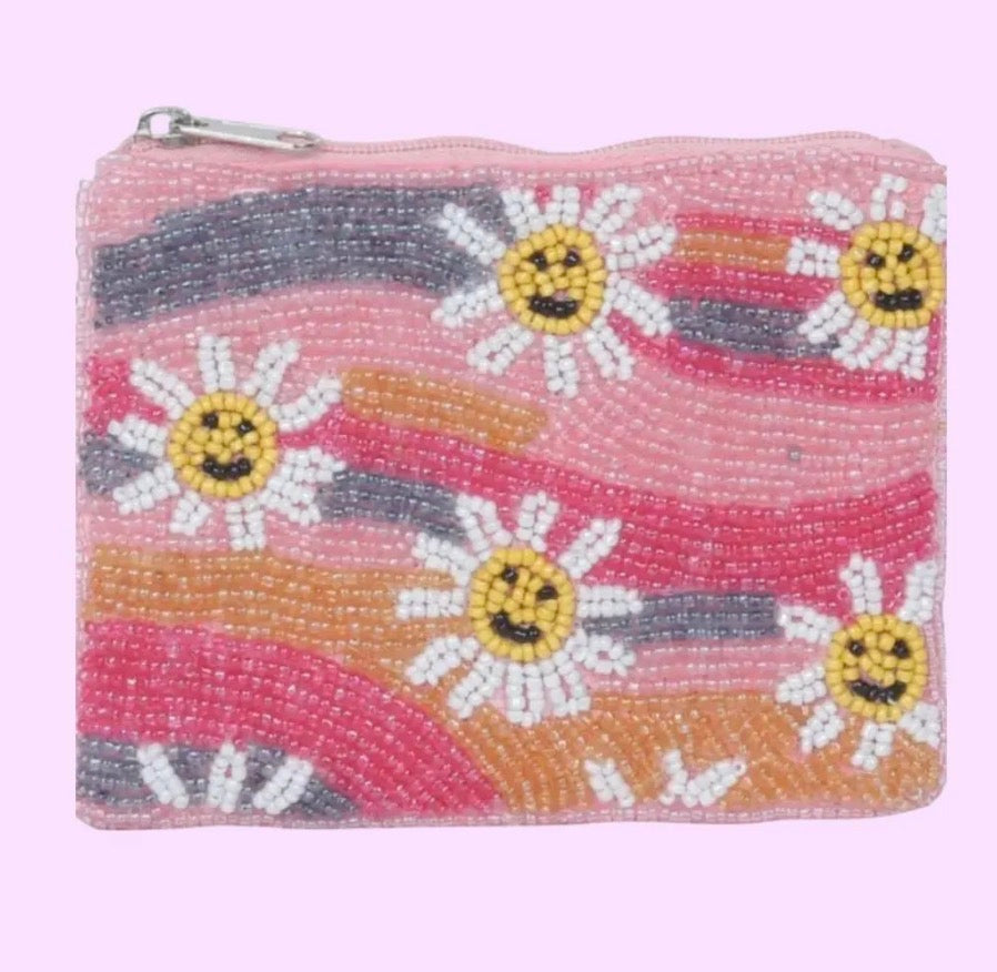 Happy Wavy Daisy Beaded Pouch