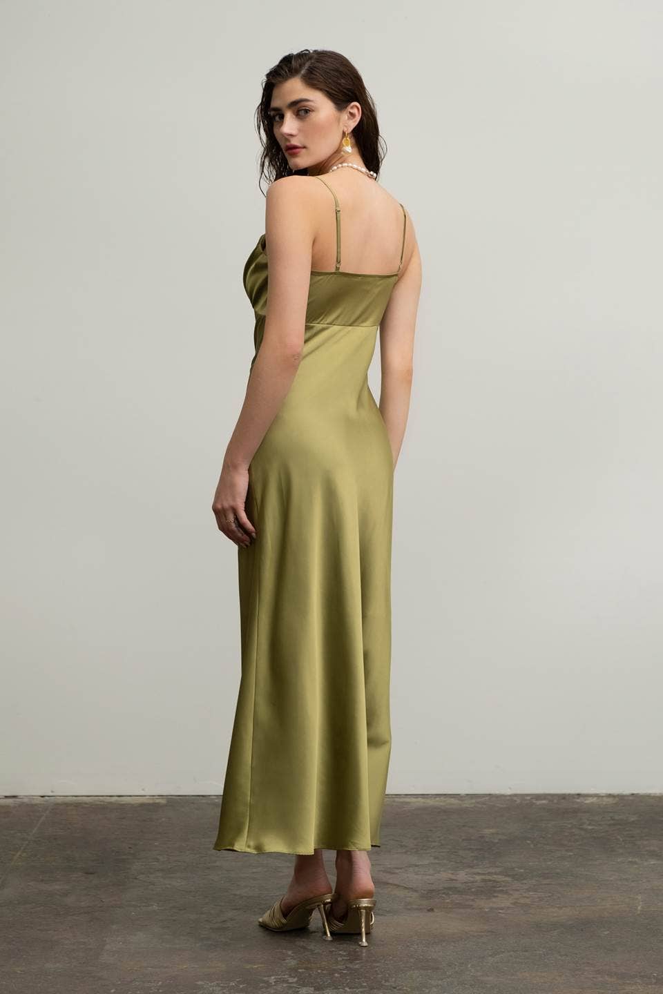 Satin Rosette Olive Oil Maxi Dress