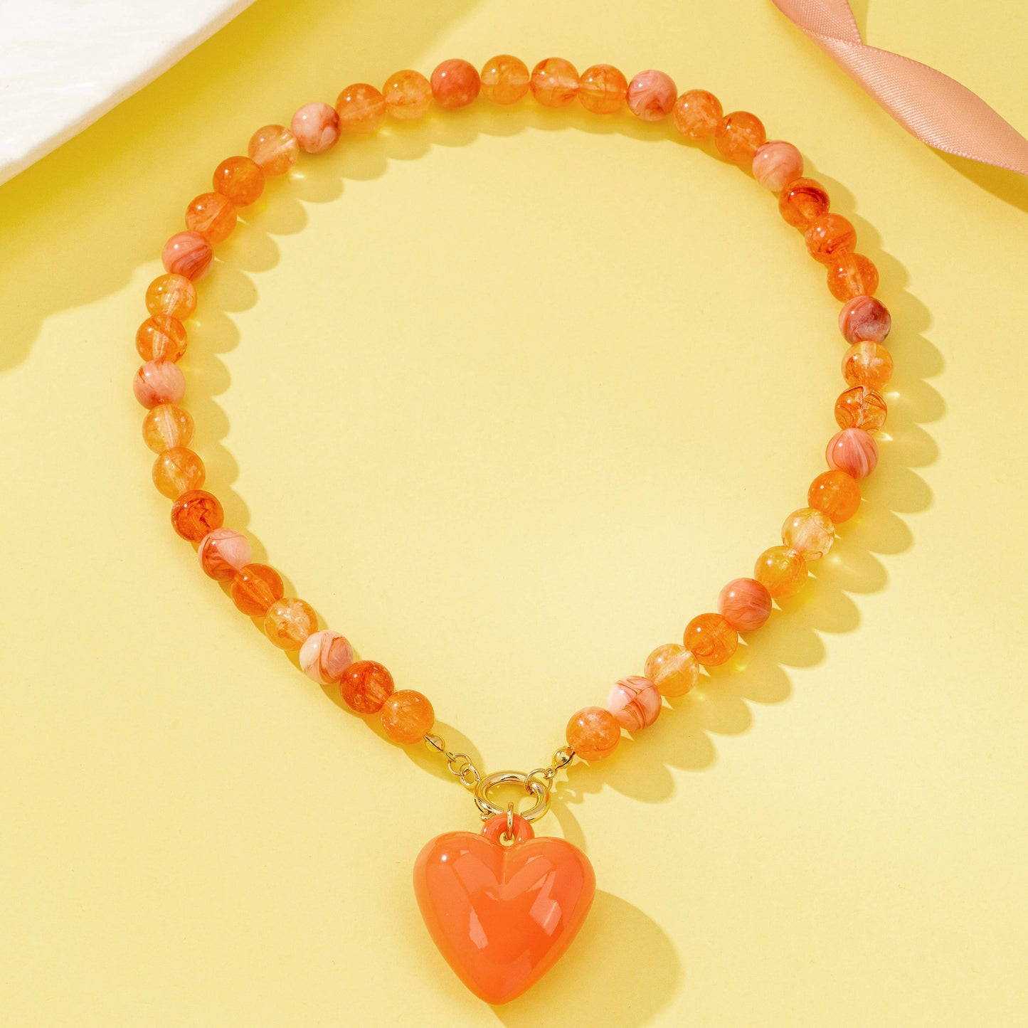Coral Beaded Heart Necklace