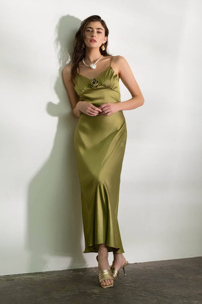 Satin Rosette Olive Oil Maxi Dress