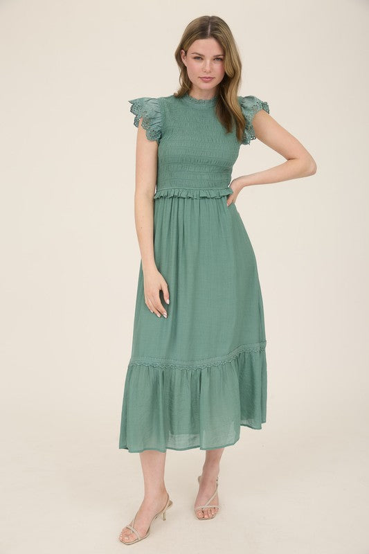 Moss Green Eyelet Midi Dress - shopminnoe