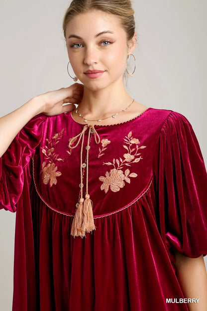 Mulberry Embroidered Velvet Dress - shopminnoe