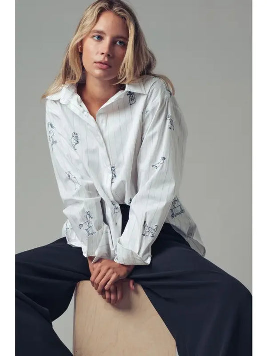 Playful Embroidered Button Down Top