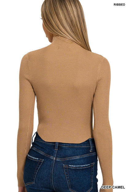 Camel Curved Hem Sweater Top - shopminnoe