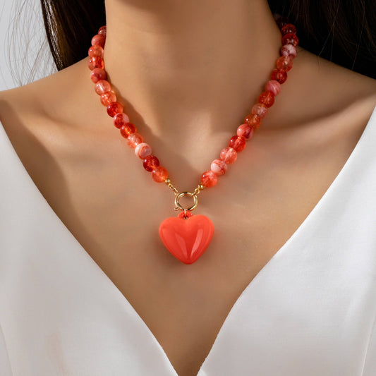 Coral Beaded Heart Necklace