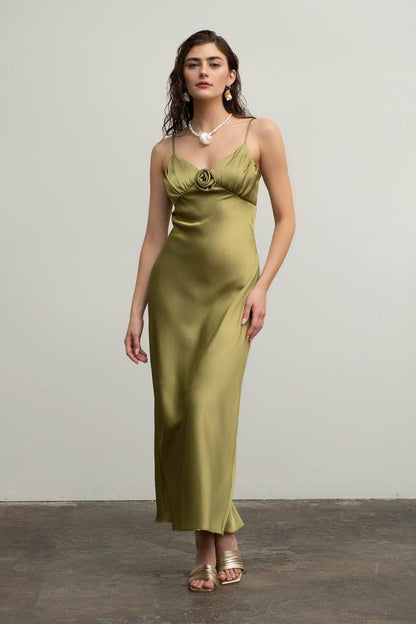 Satin Rosette Olive Oil Maxi Dress